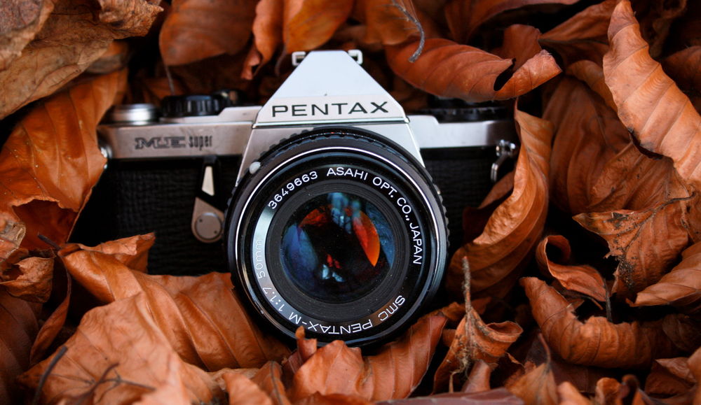 Обои для рабочего стола Фотоаппарат PENTAX, лежащий среди осенних листьев