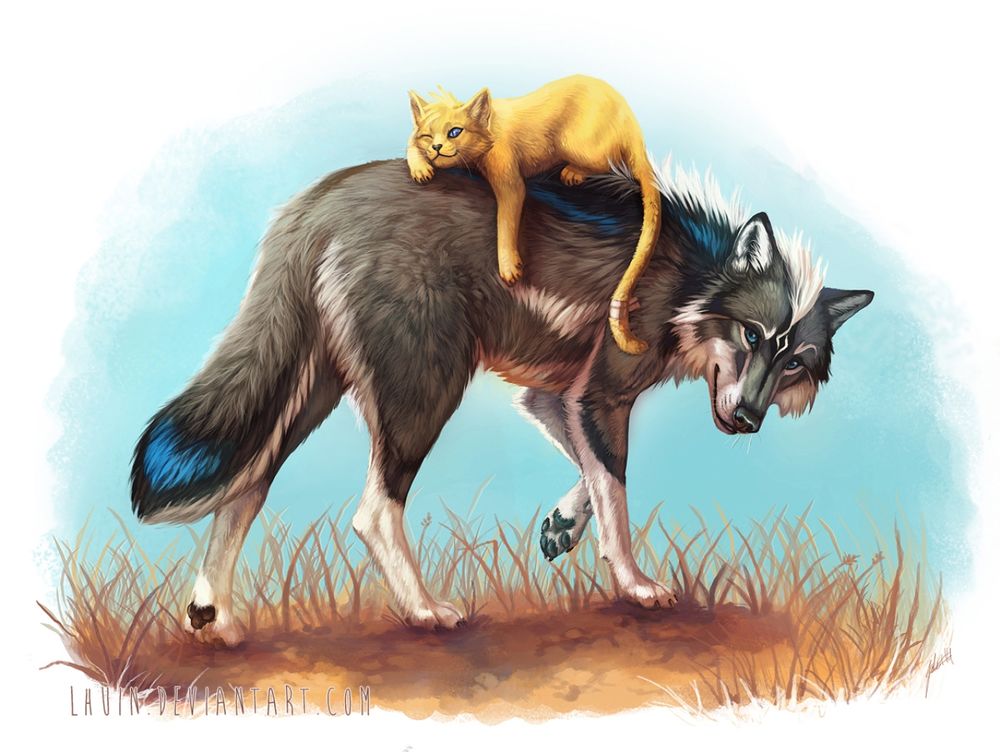 Обои для рабочего стола На спине волка рыжий кот, by Lhuin