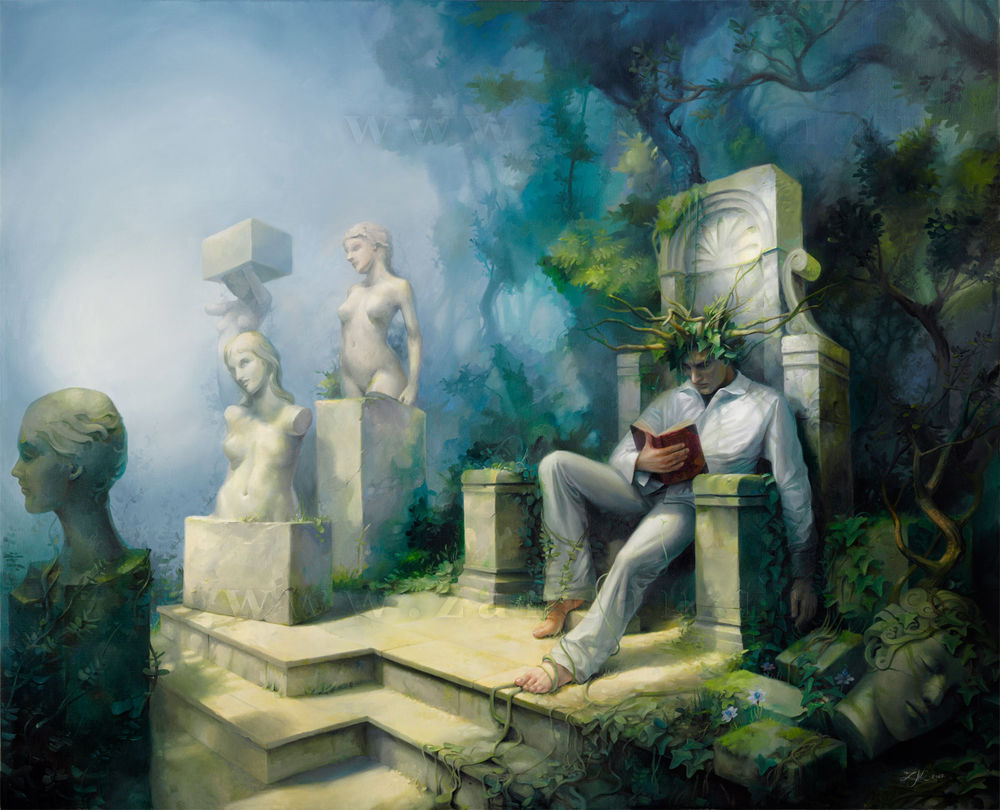 Обои для рабочего стола Парень с книгой сидит на троне рядом со статуями на фоне леса