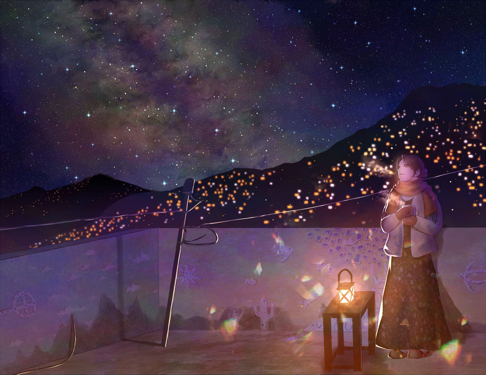 Обои для рабочего стола Девушка с кружкой в руках стоит на крыше дома, любуясь звездным небом