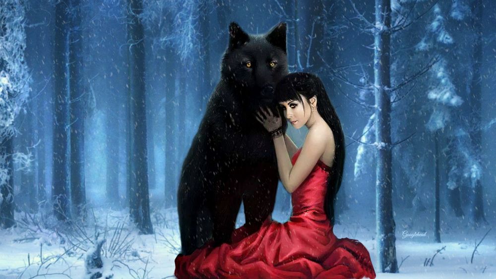 Обои для рабочего стола Девушка сидит рядом с черным волком в зимнем лесу