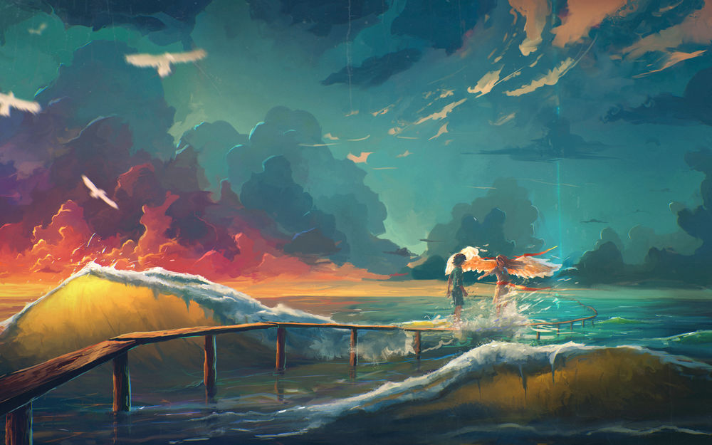 Обои для рабочего стола Девушка-ангел и парень стоят в воде, art by sylar113