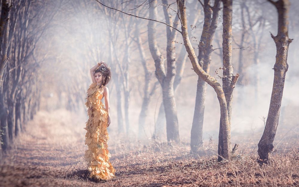 Обои на рабочий стол Девушка одетая в платье из осенних листьев стоит на дороге между деревьями 3603