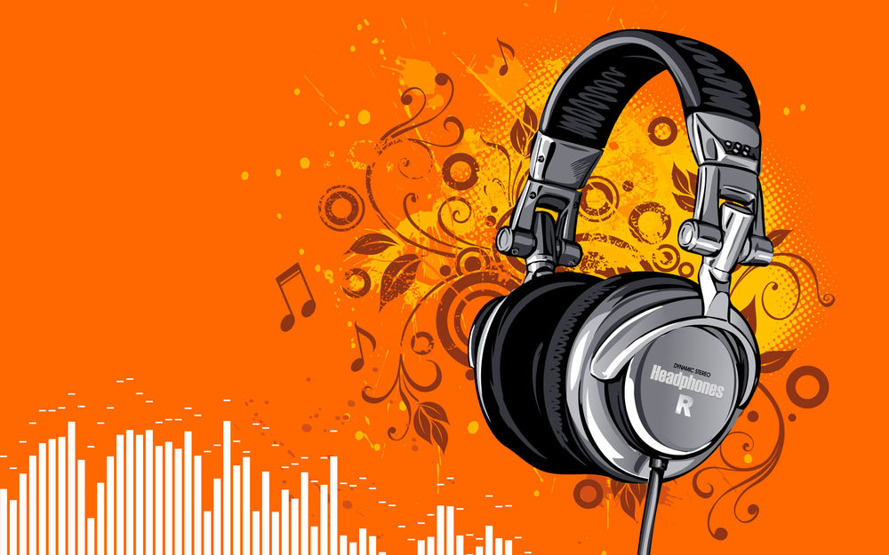 Обои для рабочего стола Музыкальные наушники на фоне узоров и нот (Dinamic stereo Headphones R)
