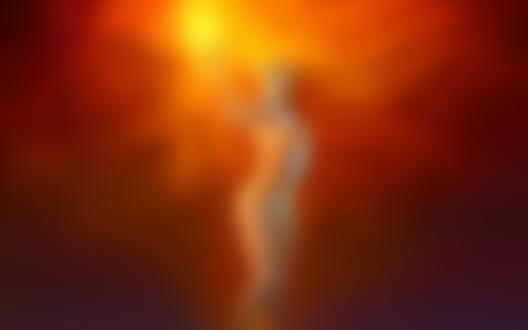 Обои на рабочий стол Обнаженная девушка держит в руке огненный шар