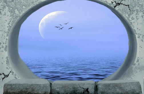 Обои на рабочий стол Круглый проем через который видно море и птиц на фоне луны