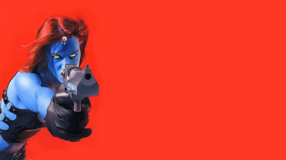 Обои на рабочий стол Девушка мутант суперзлодейка Мистика, героиня комиксов / Marvel / пародии на Марвел и ДС целится с пистолета