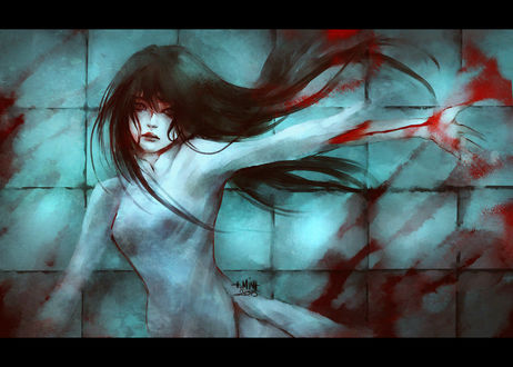 Обои на рабочий стол Девушка, по руке которой течет кровь, art by NanFe