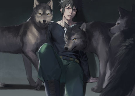 Обои на рабочий стол Когами Шинья / Shinya Kogami из аниме Психопаспорт / PSYCHO-PASS и трое волков