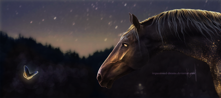 Обои на рабочий стол Лошадь смотрит на бабочку, art by impassioned-dreams