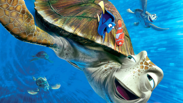 Обои на рабочий стол Герой мультфильма (В поисках Немо)/Finding Nemo / Марлин, рыбка клоун плывет сверху на черепахе
