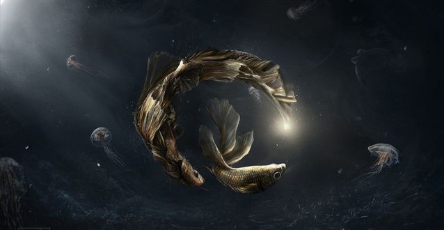 Обои на рабочий стол Игры рыб под водой в присутствии медуз