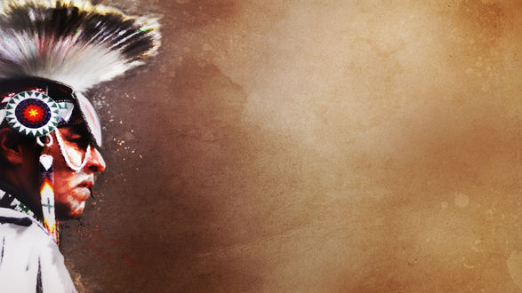 Обои на рабочий стол Портрет индейца с перьями на голове в профиль
