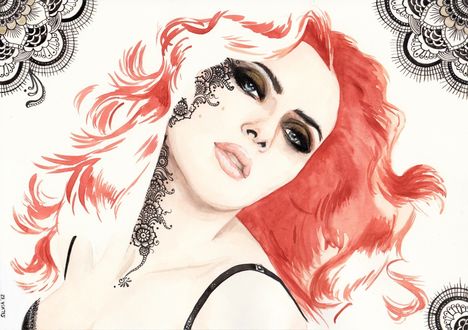 Обои на рабочий стол Американская киноактриса Скарлетт Йоханссон / Scarlett Johanson с рыжими волосами и рисунком на лице склонила голову набок, by Silvia