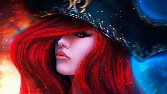 Обои на рабочий стол Девушка Мисс Фортуна / Miss Fortune с красными волосами, дерзким взглядом и в пиратской шляпе из игры League of Legends