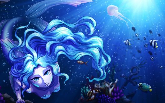 Обои на рабочий стол Девушка-русалка плавающая под водой среди рыб, by TheLadyWellflower
