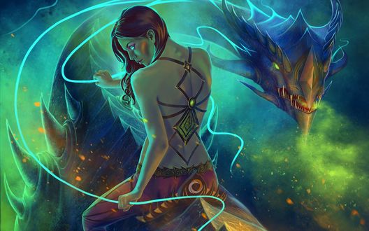 Обои на рабочий стол Девушка, сидящая на большом драконе, by Leinara