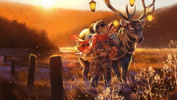 Обои на рабочий стол Девушка в очках и с книгой в руках, ведет на поводу оленя с развешанными и зажженными фонарями на рогах