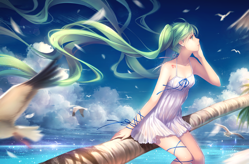 Обои на рабочий стол Vocaloid Hatsune Miku / Вокалоид Хатсуне Мику сидит на стволе пальмы