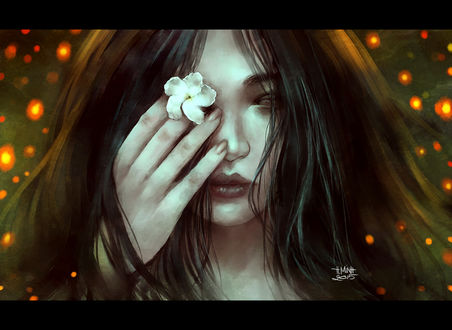 Обои на рабочий стол Девушка поднесла цветок к глазу, art by NanFee