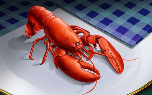 Обои на рабочий стол Красный лобстер и салфетка лежат на белой фарфоровой тарелке
