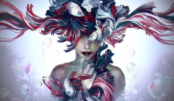 Обои на рабочий стол Девушка с рыбками, ву Yuumei