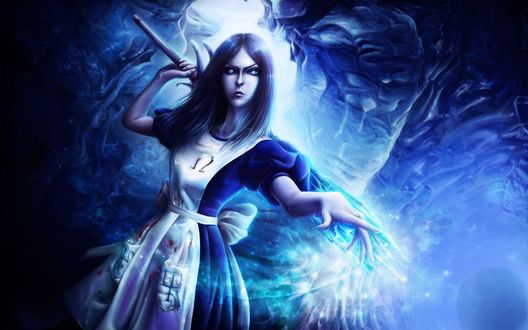 Обои на рабочий стол Сердитая Алиса с магическим жезлом из игры Alice: Madness Returns