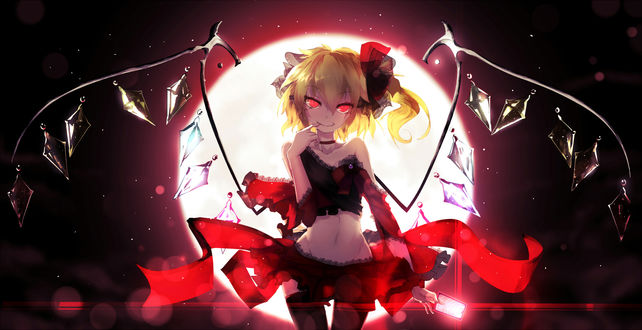 Обои на рабочий стол Flandre Scarlet / Фландре Скарлет на фоне полной луны, персонаж из серии компьютерных игр Touhou Project / «Проект «Восток»», art by Bai Yemeng