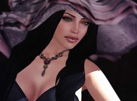 Обои на рабочий стол Девушка Стихия с карими глазами, черными волосами, с украшением на шее, в широкополой шляпе на голове