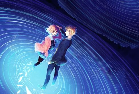 Обои на рабочий стол Акихито Канбара / Akihito Kanbara и Мирай Курияма / Mirai Kuriyama из аниме По ту сторону границы / Kyoukai no Kanata, by rosuuri