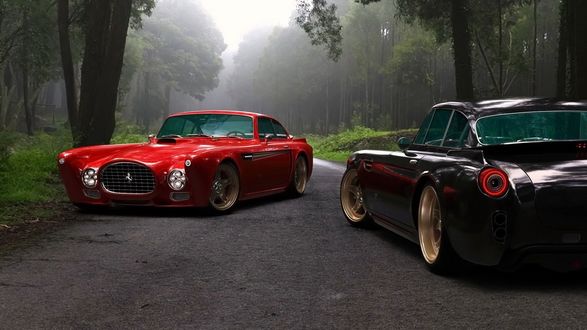 Обои на рабочий стол Автомобили Ferrari 340 Competizione стоят на лесной дороге