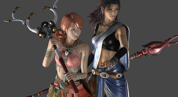 Обои на рабочий стол Герои японской ролевой игры Final Fantasy XIII девушки с фантастическим оружием в руках