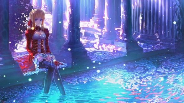 Обои на рабочий стол Сайбер / Saber из аниме Судьба / Ночь схватки / Fate / Stay Night опустила ноги в воды бассейна в замке
