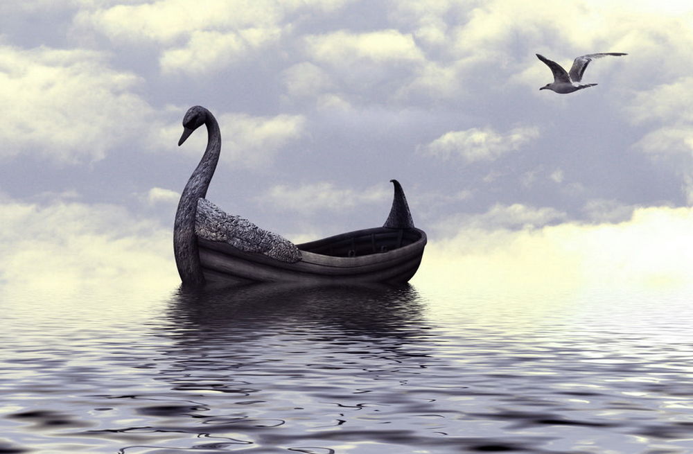 Обои для рабочего стола Челн в виде лебедя, плывет по воде, в небе летит чайка