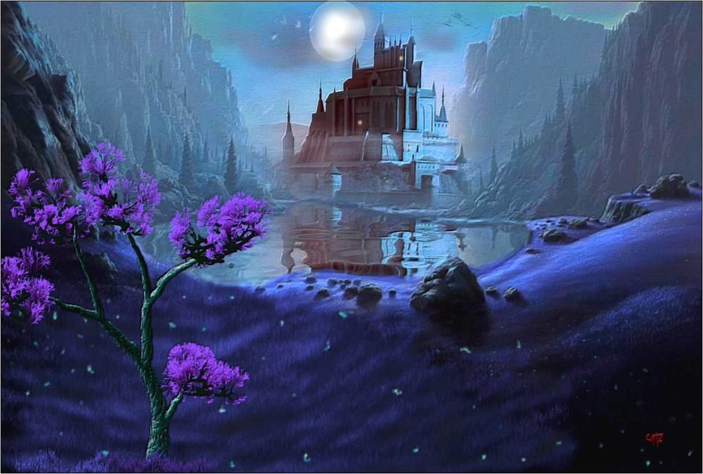 Обои для рабочего стола Замок, стоящий среди гор и цветущее дерево у воды, на фоне луны