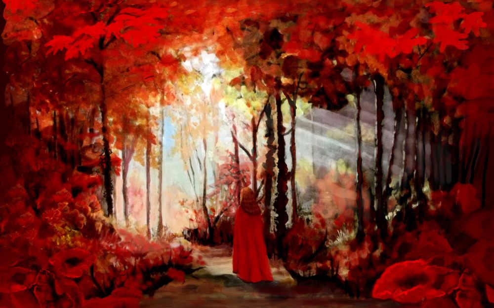 Обои для рабочего стола Рыжеволосая девушка в красном плаще, идущая по лесной тропинке среди красных цветов и деревьев с красными листьями в ослепительных, солнечных лучах