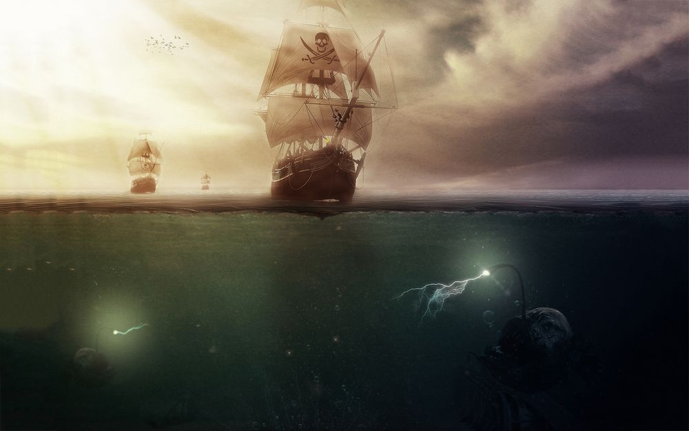 Обои для рабочего стола Пиратские корабли плывут по морю, под водой их поджидаю зубастые рыбы с фонариками во лбу