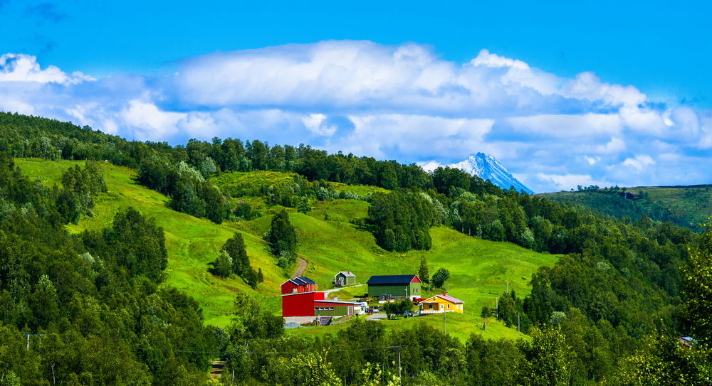 Обои для рабочего стола Несколько домиков, стоящих на зеленых холмах в окружении деревьев, с подходящей к ним грунтовой дорогой на фоне заснеженных пиков гор и синего неба с белыми, кучевыми облаками