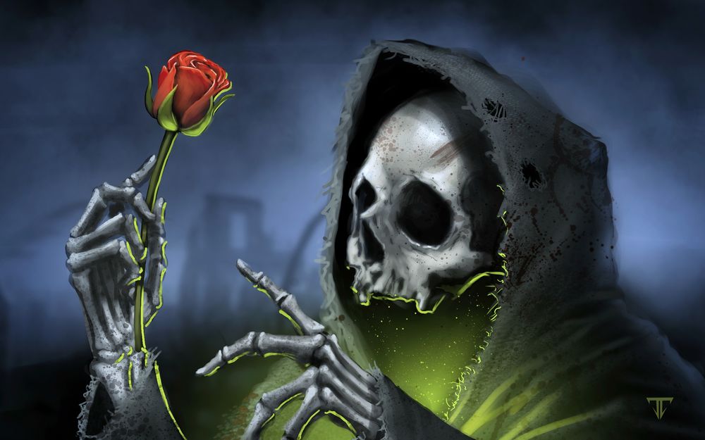 Обои для рабочего стола Скелет держит в руке красную розу