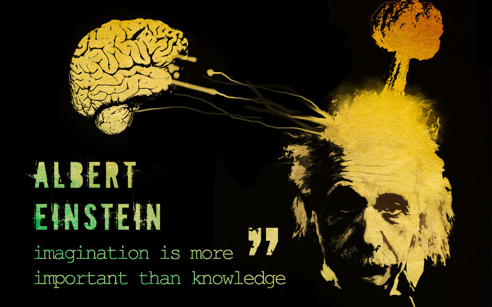 Обои для рабочего стола Физик, знаменитый ученый Albert Einstein / Альберт Энштейн и высказывание (imagination is more important than knowledge / воображение важнее, чем знание)
