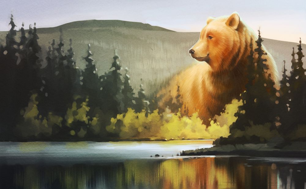 Обои для рабочего стола Огромный бурый медведь стоит в лесу у озера