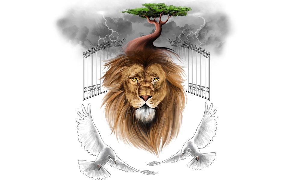 Обои для рабочего стола Голова льва с растущим деревом из его гривы. Сзади железные ворота и грозовые тучи с молниями. Снизу летают два голубя