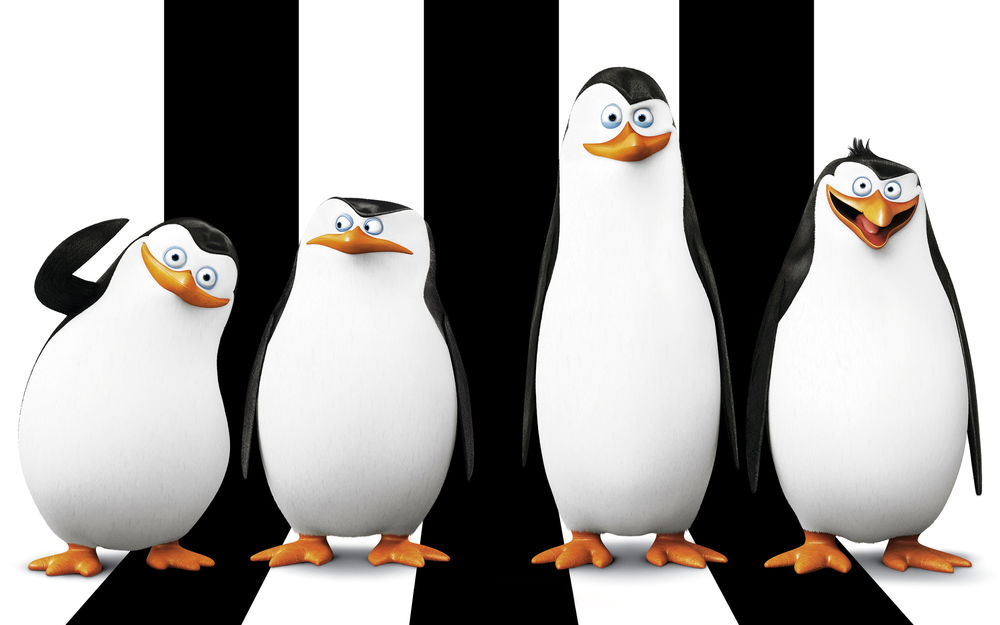 Обои для рабочего стола Четыре пингвина Мадагаскара / Penguins Madagaskar: Рико / Rico, Шкипер / Skipper, Рядовой / Private и Ковальски / Kowalski, на полосатом фоне