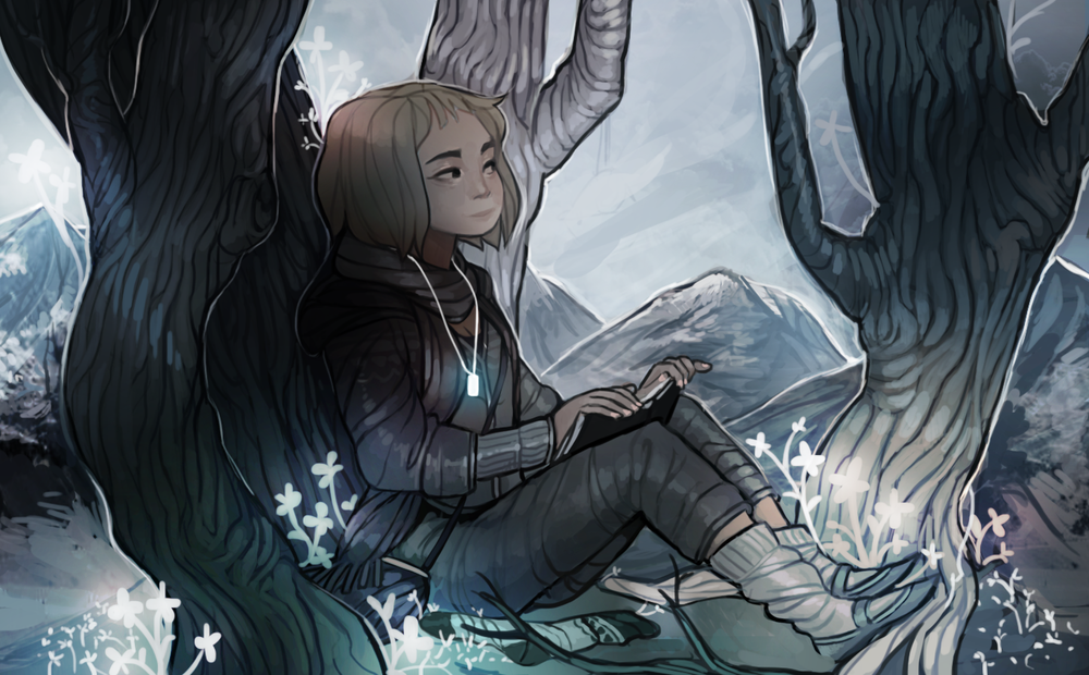 Обои для рабочего стола Девушка сидит возле дерева с книгой, art by Bravoshe