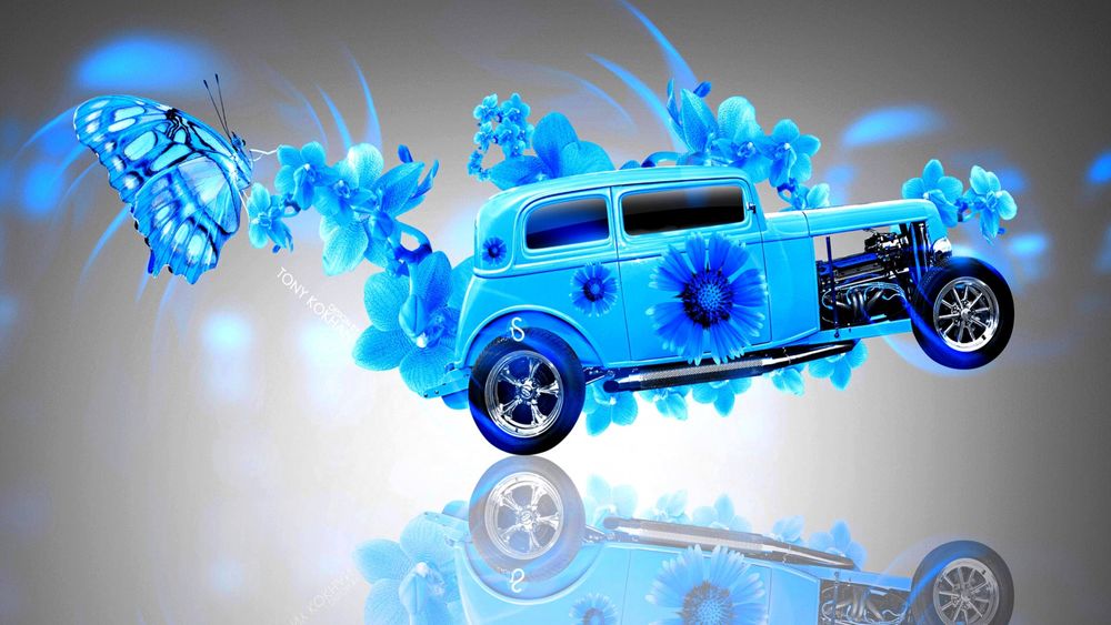 Обои для рабочего стола Голубое авто взлетело в воздух, оторвав передние колеса от зеркальной поверхности, в окружении голубых цветов и голубых бабочек