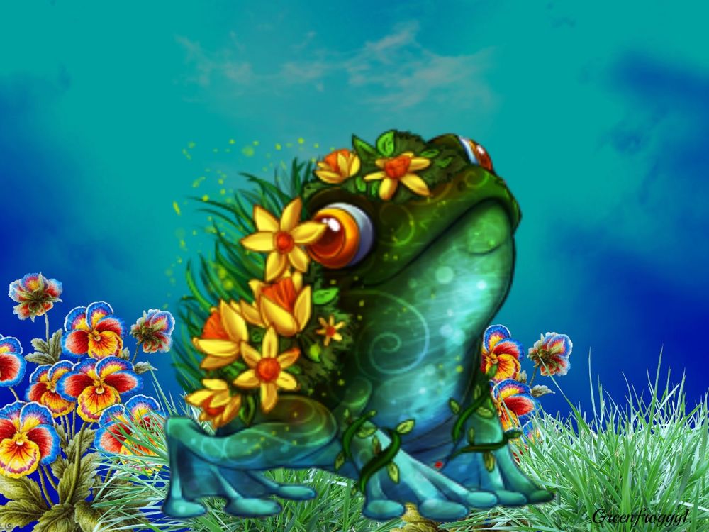 Обои для рабочего стола Лягушка с кожей, покрытой цветами, Greenfroggy 1