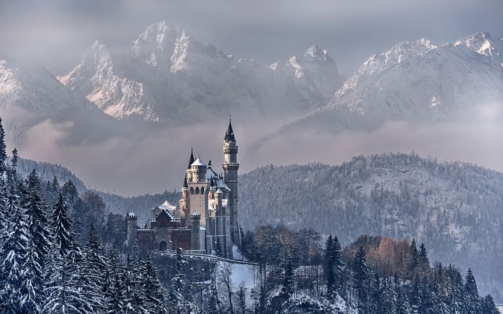Обои для рабочего стола Германия, Бавария, замок Нойшванштайн расположенный в лесу среди заснеженных гор