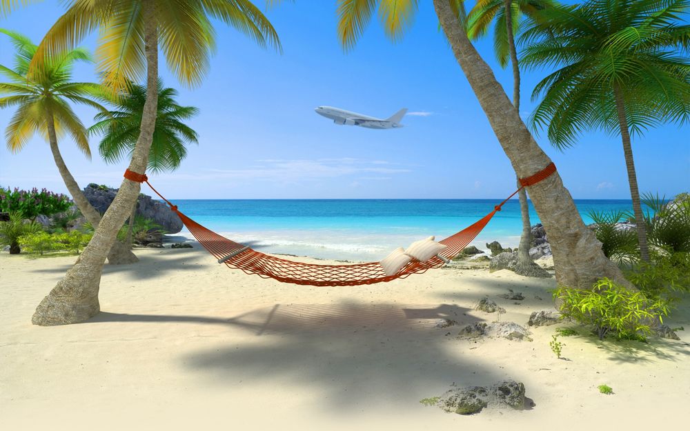 Обои для рабочего стола Гамак с двумя подушками, подвешенный между двумя пальмами на песчаном, океанском побережье на фоне синего неба и пролетающего пассажирского самолета
