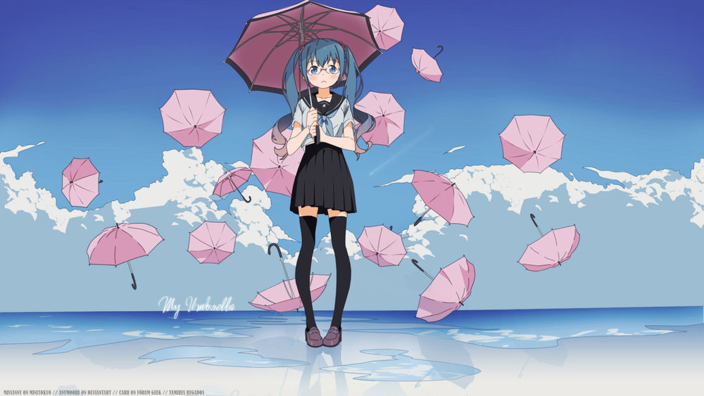 Обои для рабочего стола Вокалоид Хатсуне Мику / Vocaloid Hatsune Miku стоит на побережье под розовым зонтом, вокруг нее летает множество таких же зонтов