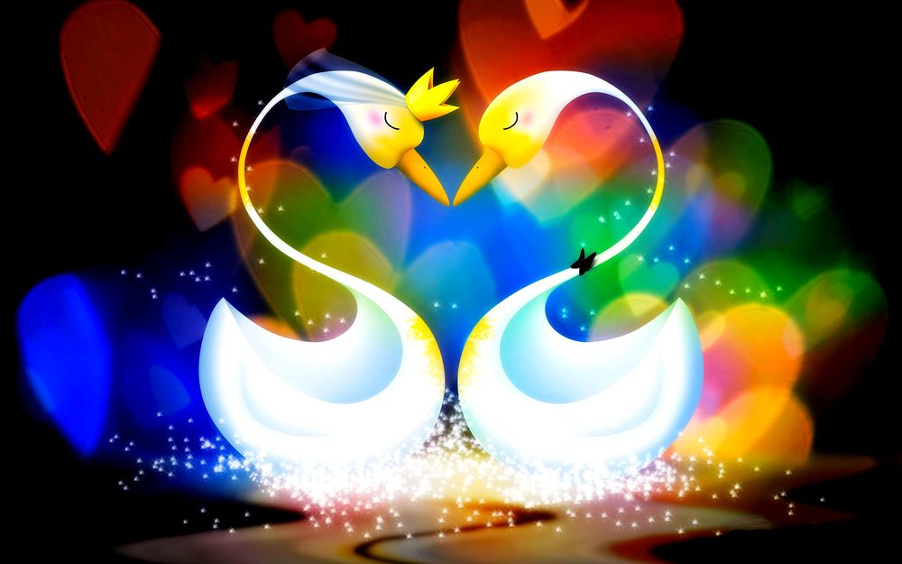 Обои для рабочего стола Жених лебедь с бабочкой на шее плавает в свадебном танце с лебедкой, у которой золотая корона на голове в, окружении разноцветных сердечек